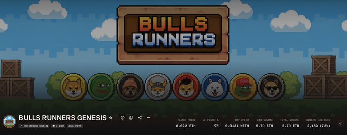 The image shows a pixel-art promotional graphic for "BULLS RUNNERS GENESIS" featuring eight circular bull character icons beneath a wooden title banner, with trading metrics displayed below indicating a floor price of 0.022 ETH, top offer of 0.0131 WETH, and 2,180 (72%) minted out of a total supply.
