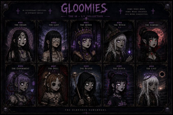 A promotional graphic for a 'GLOOMIES' NFT collection, showing 10 unique character cards including 'The Origin', 'The Lost', 'The Queen', 'The Witch', and 'The Vampire', with the tagline 'THE DARKNESS REMEMBERS'.