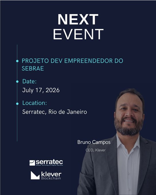 A 'Next Event' announcement for 'Projeto DEV Empreendedor do SEBRAE' on July 17, 2026 at Serratec, Rio de Janeiro, featuring Bruno Campos, CEO of Klever.