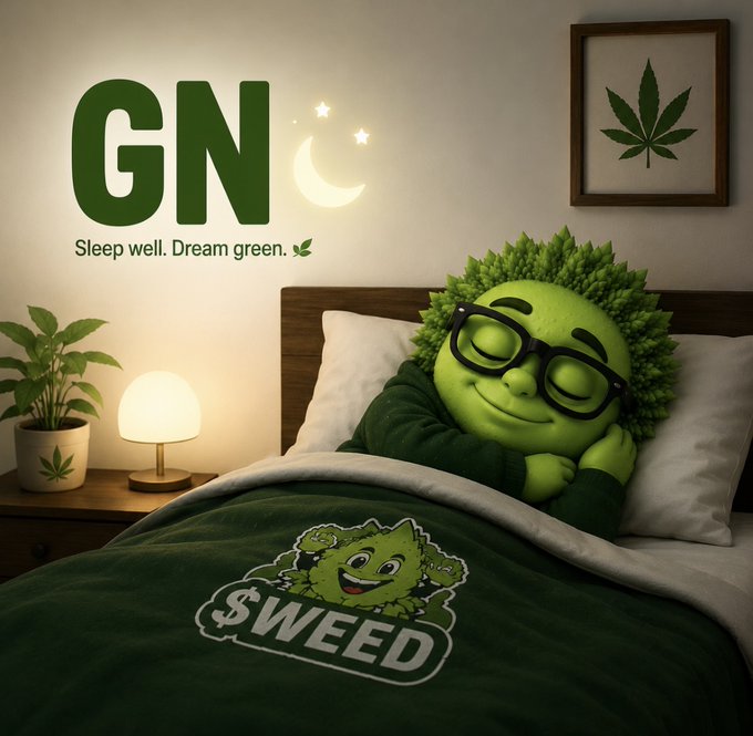The image features a cartoon character, likely a green monster or plant-like creature, lying down on a bed with its eyes closed. The character appears to be asleep, surrounded by various objects such as potted plants, a lamp, and a picture frame. In the background of the image, there is text that reads "GN $WEED Fams Tomorrow is another chance to ignore expert opinions and stay bullish". This suggests that the image might be related to a post or advertisement for a marijuana company called "GN $WEED", which could be promoting their products or services in a creative way.