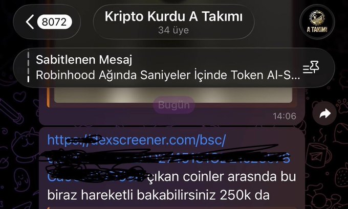 A Turkish Telegram group called "Kripto Kurdu A Takımı" (34 members) is shown with a pinned message mentioning Robinhood AI-related tokens, alongside a shared message containing a dexscreener.com link and text discussing a coin that grew from 250k to 750k market cap in 10 minutes—matching the post's claim about sharing early coin picks with the team.