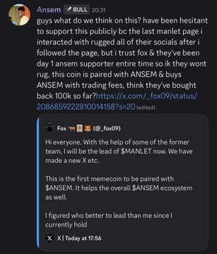 The image shows a Discord screenshot where user "Ansembull" (ticker $BULL) asks his group about supporting a new token after following the $MANLET page, sharing a quote from Fox (@_fox09) announcing that with the help of former team members and the lead of $MANLET, they will be launching a new memecoin called $ANSEM, which he describes as the first memecoin to be paired with $ANSEM. The accompanying context confirms this is the announcement that drove the $ANSEM token's rapid 35x pump from ~200k to over $7M market cap within an hour.
