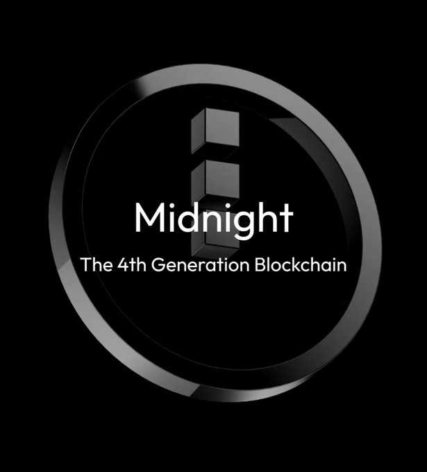 A sleek black promotional graphic featuring a metallic circular emblem with 'Midnight' and the subtitle 'The 4th Generation Blockchain.'
