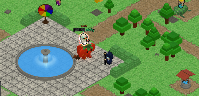 An isometric video game scene showing pixel art characters including '[SRIM] aidy' near a fountain, trees, and a building, with a creature in the upper right.