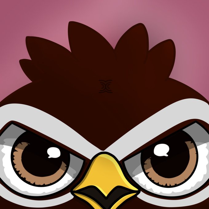 Close-up cartoon illustration of an angry brown owl character's face with large expressive eyes, white brow markings, and a yellow beak against a pink background.