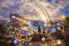 The image features a painting of a woman standing near a rainbow, surrounded by various objects such as a boat, animals, and other people. The background includes a sky with clouds and a rainbow, creating a vibrant and colorful scene. In the center of the painting is a large ship labeled "WebAuth", which adds an interesting element to the artwork. The post also contains several symbols related to cryptocurrency, including Bitcoin and Etherium icons, as well as other objects like a horse and a tree.