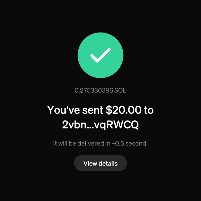 A transaction confirmation screen shows a successful $20.00 payment of 0.275330396 SOL sent to address 2vbn...vqRWCQ, with delivery expected in ~0.5 seconds, humorously illustrating the "moonpay" tweet by demonstrating a small crypto purchase that unfortunately did not yield massive gains.