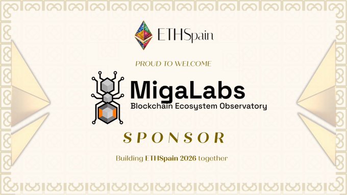 A promotional graphic featuring the ETHSpain logo, welcoming 'MigaLabs Blockchain Ecosystem Observatory' as a sponsor, with the text 'PROUD TO WELCOME', 'MigaLabs Blockchain Ecosystem Observatory', 'SPONSOR', and 'Building ETHSpain 2026 together'.