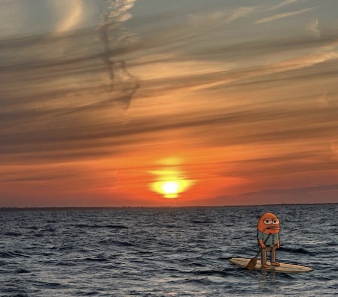 The image features a cartoon character, Bob the Bear, standing on a surfboard in the ocean during sunset. The sky above them has orange hues, creating a warm and vibrant atmosphere. The sun is setting behind the horizon, casting a beautiful glow over the scene. The image also includes text that reads "Gbob Reminder its day 50 of @BobMonad and he's undervalued". This message seems to be related to Bob the Bear or his character, as they are both surfers in the ocean during sunset.