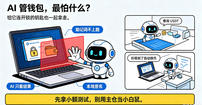 An illustrated cartoon in Chinese warning about AI wallet risks, featuring a robot interacting with a laptop and the text 'AI 管线包, 最怕什么?' (What is the AI pipeline bag most afraid of?) along with tips like '助记词不上链' (mnemonic not on chain), '本地签名' (local signature), and a reminder '先拿小额测试, 别用主仓当小白鼠' (Test with small amounts first, don't use the main wallet as a guinea pig).