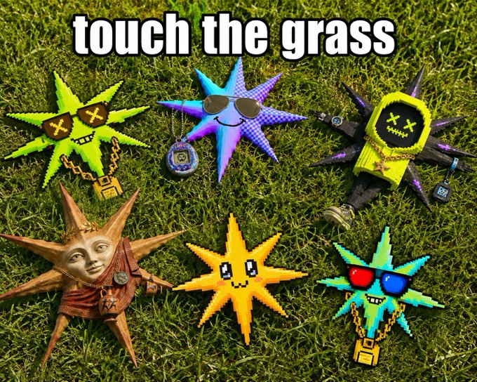 An image titled 'touch the grass' showing several colorful spiked NFT-style character avatars arranged on real green grass.
