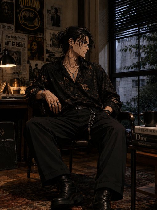 A stylized illustration of a young man with dark hair wearing a floral-patterned black shirt, sitting in a dimly lit room with vintage Nirvana, Pink Floyd, and Bob Marley posters on the wall, accessorized with a necklace, rings, and a chain.