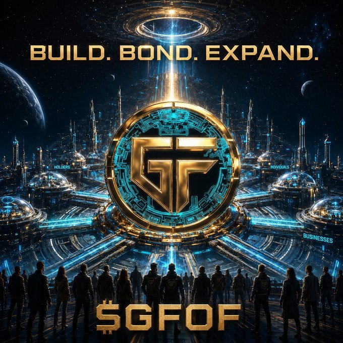 A futuristic sci-fi promotional banner featuring a glowing gold and cyan emblem at the center of an advanced cityscape, with the text "BUILD. BOND. EXPAND." above and "$GFOF" below, along with labels for "HOLDERS," "INDIVIDUALS," and "BUSINESSES."