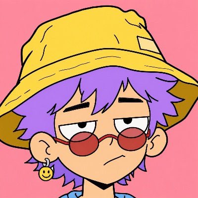 A cartoon-style illustration of a person with purple hair wearing a yellow bucket hat, red round sunglasses, and a smiley face earring against a pink background.