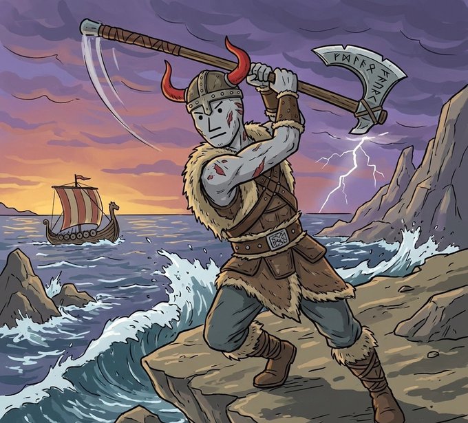 A battle-worn Viking warrior stands on a rocky coast, bloodied and clad in fur, raising a rune-inscribed axe overhead as lightning strikes behind him and a longship sails in the distance. The image embodies the "GM weekend warriors, time to go hard today" message by channeling fierce, unrelenting warrior energy for the day's grind.