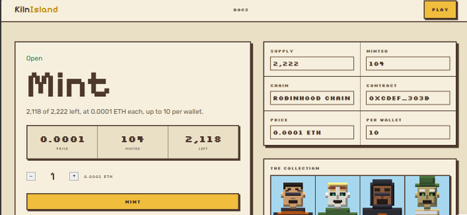 Screenshot of the KilnIsland mint page showing 2,118 of 2,222 NFTs available at 0.0001 ETH each on Robinhood Chain, with pixel-art character previews and a "10% MINTED" status. The pixel-style NFT collection page aligns with the post's mention of scanning a paid mint with a game component on opensea.
