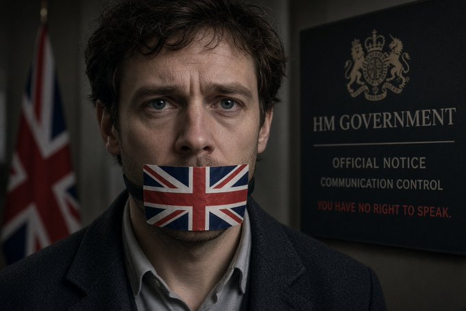 A man with a UK flag taped over his mouth stands in front of an 'HM GOVERNMENT' sign reading 'OFFICIAL NOTICE / COMMUNICATION CONTROL / YOU HAVE NO RIGHT TO SPEAK.'