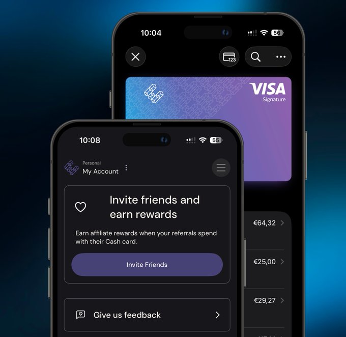The image shows two smartphone screens displaying the ether.fi mobile app, with one screen featuring a Visa Signature card and the other showing an "Invite friends and earn rewards" promotional page with an "Invite Friends" button. The image directly relates to the post by showcasing ether.fi's referral program feature, which encourages users to recommend the platform to friends in exchange for affiliate rewards.