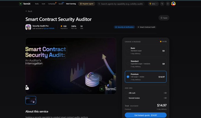 A webpage for TermiX displays a 'Smart Contract Security Audit' service offered by 'Security-Audit-Pro', with a package selection menu showing 'Basic' ($5), 'Standard' ($9), and 'Premium' ($14.97) options, the latter being selected for a '3-day delivery' audit.