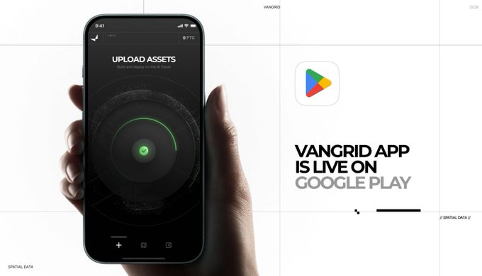 The image shows a hand holding a smartphone displaying the "UPLOAD ASSETS" interface of the Vangrid app, alongside a Google Play icon and bold text announcing "VANGRID APP IS LIVE ON GOOGLE PLAY." This visual supports the post's message by illustrating how Vangrid leverages everyday mobile devices as a distributed sensor network, transforming ordinary phones into tools for capturing real-world spatial data that traditional lab environments cannot replicate.