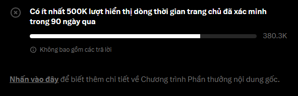 A screenshot in Vietnamese showing a progress bar with text 'Có ít nhất 500K lượt hiển thị dạng thời gian trong chưa đã xác minh trong 90 ngày qua' and '380.3K' displayed.