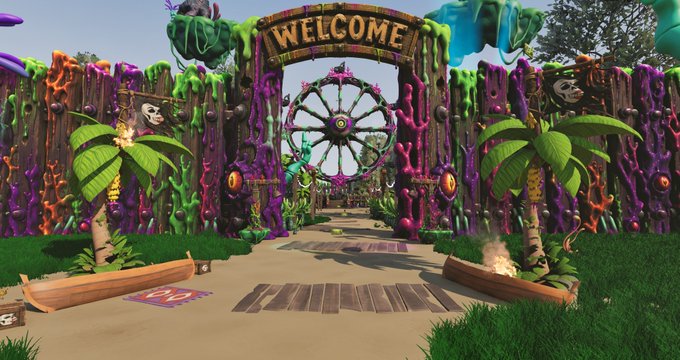 A colorful, tropical-themed entrance with a "WELCOME" sign and tribal decorations serves as the gateway to Pillow's virtual event on The Nullspire, where players can complete quests to earn 500 XP.