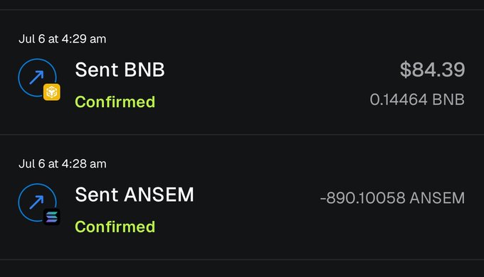 A cryptocurrency wallet transaction history showing two confirmed sends on July 6: 0.14464 BNB ($84.39) and -890.10058 ANSEM, illustrating the wallet drain described in the post with funds totaling over $400 stolen and sent to the listed EVM and Solana addresses.