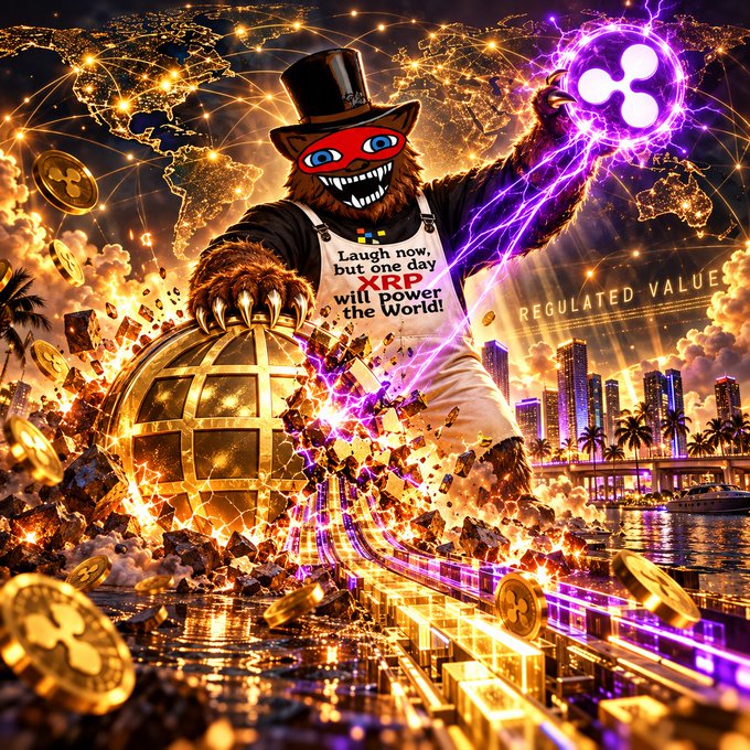 The image depicts a menacing bear mascot in a top hat wielding a glowing XRP orb and clutching a golden globe amid fiery destruction, with visible text including "Laugh now, but one day XRP will power the World!" and "REGULATED VALUE" on a cityscape backdrop, visually symbolizing XRP enthusiasts' anticipation of XRP's mainstream integration into Swift's traditional finance infrastructure.