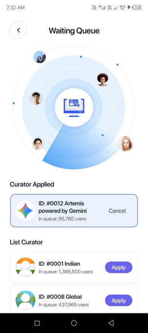 The image shows a "Waiting Queue" screen with different curator IDs and their queue numbers, including "ID: #0012 Artemis powered by Gemini" with 95,760 users. This visually represents the long wait times and random nature of getting KYC slots that the accompanying post discusses.