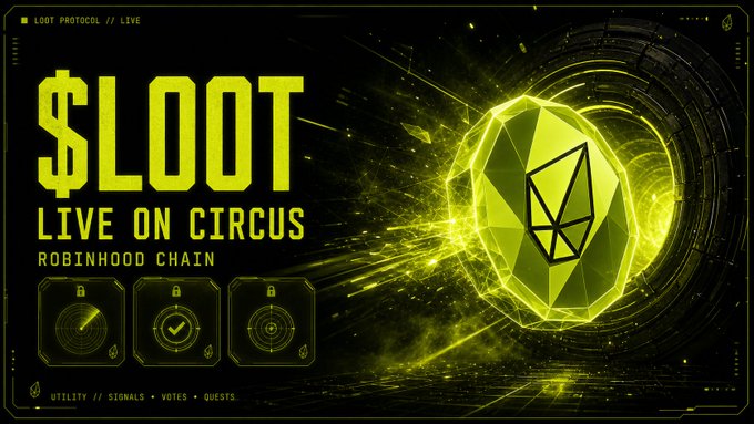 Promotional graphic for '$LOOT LIVE ON CIRCUS ROBINHOOD CHAIN' featuring a glowing yellow-green geometric gem/coin logo.