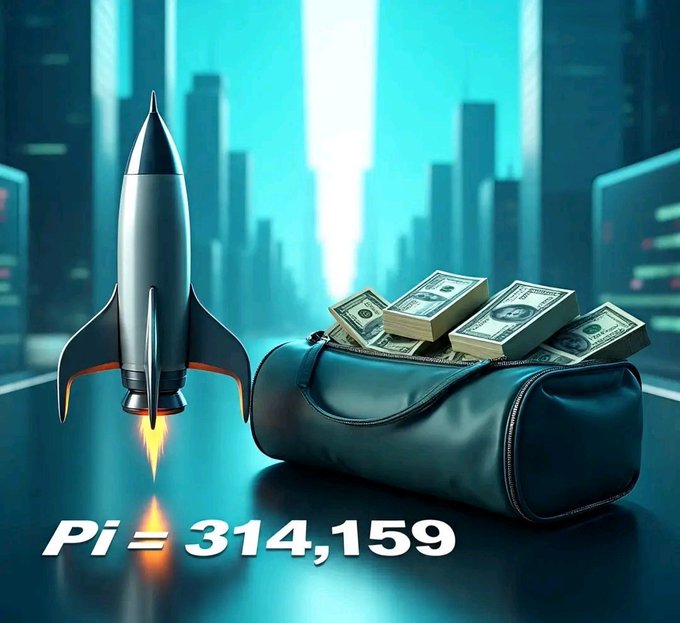 A sleek rocket launches into a teal-lit cityscape beside an overflowing duffel bag of cash stacks, visually reinforcing the "Pi = 314,159" valuation claim with the hashtag #Pi.