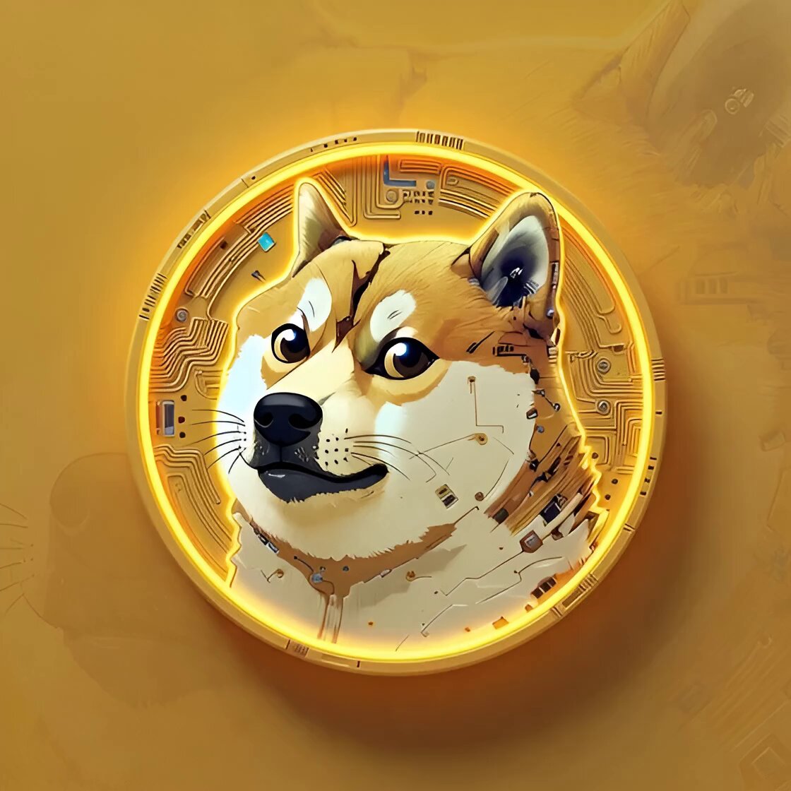 The image features a cartoonish depiction of a Shiba Inu dog, which appears to be a digital illustration or logo for a Dogecoin project. The dog's face is prominently displayed within a circular frame that has a yellow background with neon lines. The caption below the image reads "Luka what would it take to get you full time with Doge head coin". This suggests that the image might be related to a Dogecoin project or promotion, possibly featuring an animated Shiba Inu dog as part of the branding strategy for the cryptocurrency.
