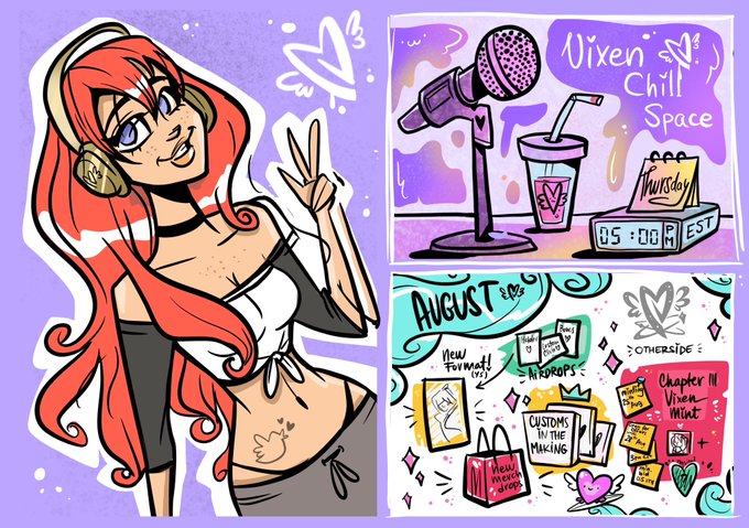A vibrant promotional illustration features a red-haired woman with headphones making a peace sign alongside panels announcing the "Vixen Chill Space" podcast with a purple microphone and "05:00P EST Thursday" text, plus an "August Overview" board listing new content, in-character drops, customs, and "Chapter 11: Vixen Mist"—directly advertising the upcoming community chat event.