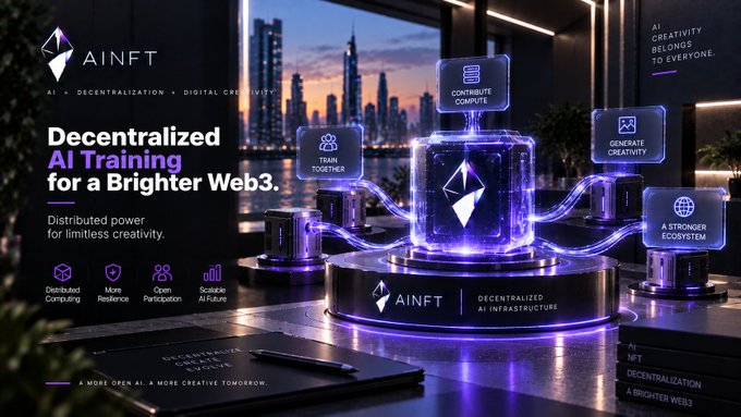AINFT promotional graphic for 'Decentralized AI Training for a Brighter Web3,' highlighting distributed computing and collaborative AI features.