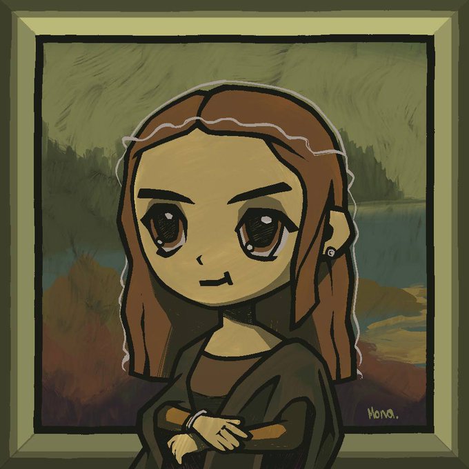 A stylized chibi-style digital illustration of a brown-haired girl in dark clothing with arms crossed, set against a painted landscape background and signed 'Mona.' in the corner.
