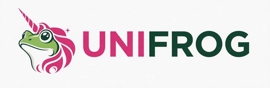 The Unifrog logo featuring a green frog with a pink unicorn horn and mane next to the text 'UNIFROG' in pink and dark green.