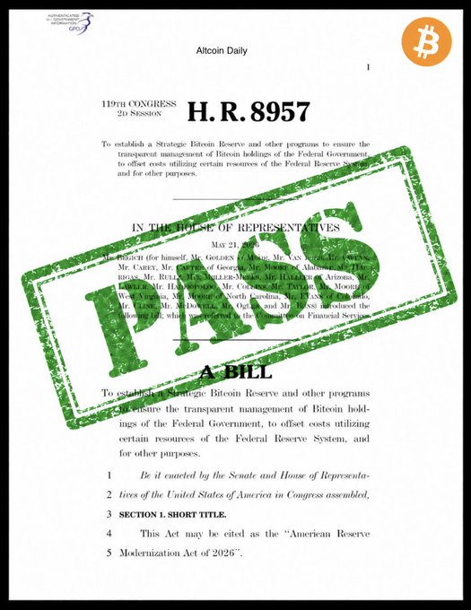 An 'Altcoin Daily' graphic showing U.S. House Resolution H.R. 8957, the 'American Reserve Modernization Act of 2025,' to establish a Strategic Bitcoin Reserve, stamped with a large green 'PASS.'