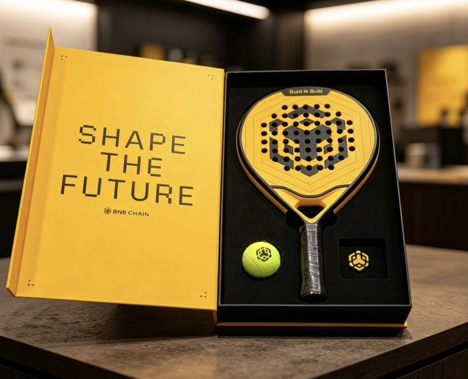 A luxury gift box presentation with 'SHAPE THE FUTURE' and 'BNB CHAIN' printed on the yellow lid, displaying a gold and black paddle with a matching yellow ball inside.