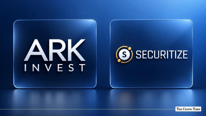 A graphic displaying two blue square panels side by side against a gradient blue background, featuring the 'ARK INVEST' logo on the left and the 'SECURITIZE' logo with a yellow 'S' icon on the right, with 'The Crypto Times' watermark in the bottom right corner.