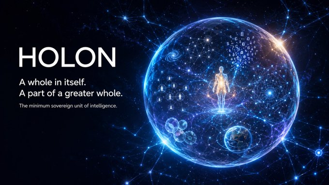 A promotional graphic titled "HOLON" with the tagline "A whole in itself. A part of a greater whole. The minimum sovereign unit of intelligence," featuring a glowing blue sphere containing a human figure surrounded by cosmic and molecular imagery, visually representing Koestler's concept that underpins LingoAI's philosophical foundation.
