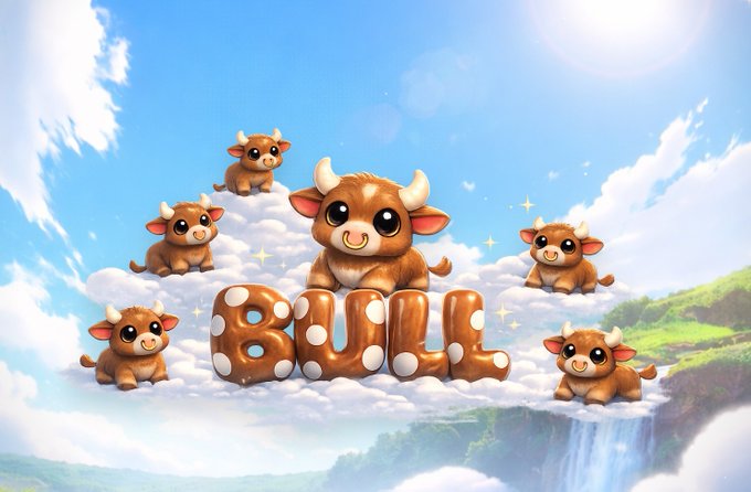 A whimsical digital illustration features cartoon cows on clouds with bubble letters spelling 'BULL' against a bright blue sky.