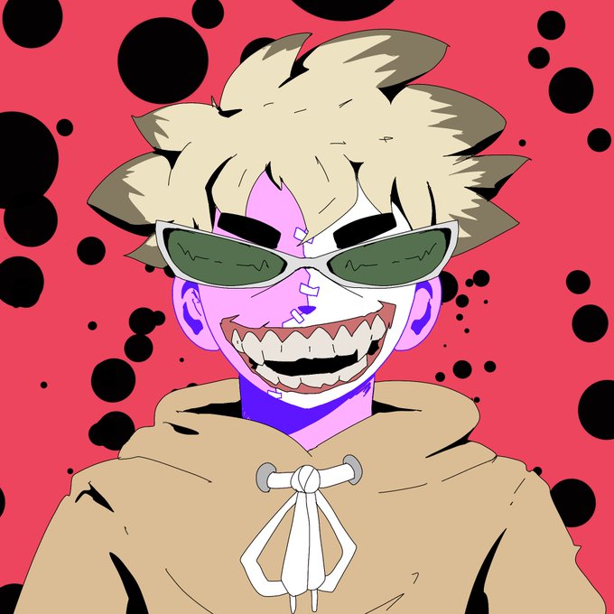 An anime-style illustration of a character with spiky blonde hair, green sunglasses, a wide sharp-toothed grin, and a tan hooded cloak against a red polka-dot background.