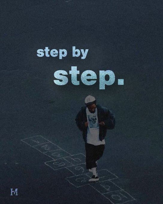 A person walking on a hopscotch drawing at night with the text 'step by step.' above them.