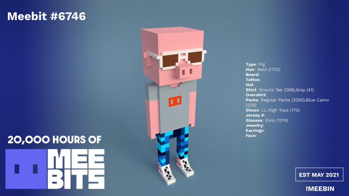 A character profile for 'Meebit #6746', showing a pink pig character wearing sunglasses, with text noting '20,000 HOURS OF MEEBITS', 'EST MAY 2021', and listing attributes like Type: Pig, Hat, Shirt, Pants, Shoes, and Glasses.