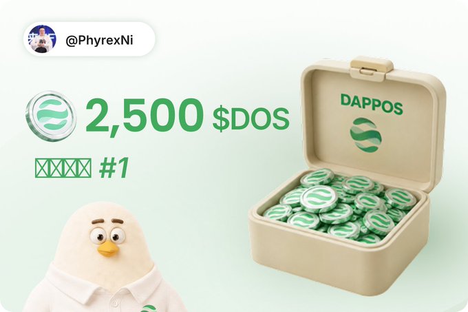 A digital promotional graphic for the user @PhyrexNi showing a reward of 2,500 $DOS tokens, marked '#1', featuring a white bird mascot and a box labeled 'DAPPOS' filled with green and white coin tokens.