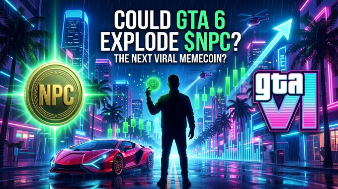 A vibrant promotional graphic titled 'COULD GTA 6 EXPLODE $NPC? THE NEXT VIRAL MEMECOIN?', featuring a silhouette holding a coin, a neon car, the GTA 6 logo, and a gold 'NPC' coin.