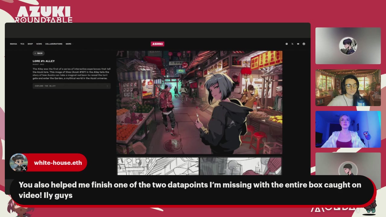 The image shows a computer screen displaying an online chat room with three people participating in a video call, each of them holding a cup. The background of the image features a city street scene with buildings and shops. The caption below the image reads "You also helped me finish one of the two data points I'm missing with the entire box caught on video. Video guys".