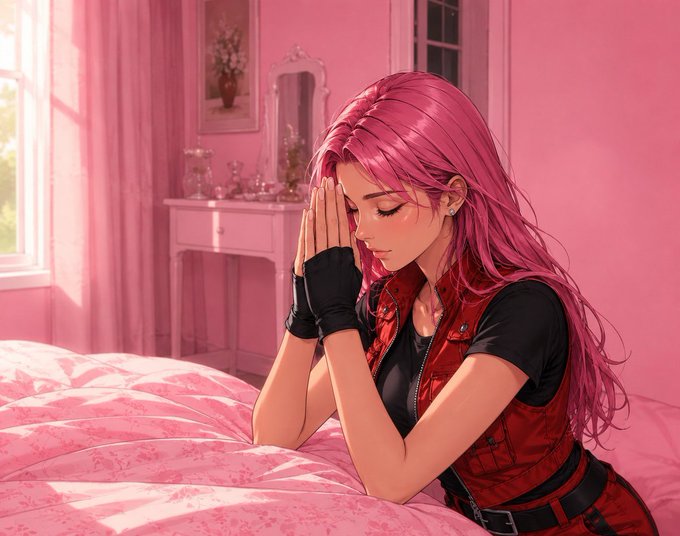 A digital illustration shows a young woman with long pink hair kneeling on a pink bed with her hands clasped together, wearing a red vest over a black top in a pink-themed room.