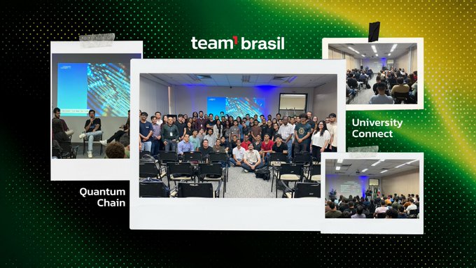 A collage of photos with a green and yellow patterned background, displaying the 'team'brasil' logo and labels 'Quantum Chain' and 'University Connect' over images of people in meetings.