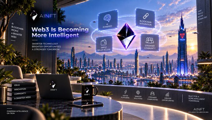 A futuristic cityscape promotional image for 'AINFT' with text 'Web3 Is Becoming More Intelligent' and 'SMARTER TECHNOLOGY. BRIGHTER OPPORTUNITIES. A STRONGER TOMORROW', showing icons for AI Powered, Blockchain Integration, Open Wallet Access, and Stronger Community.